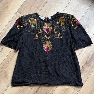 VTG Laurence Kazar Black Gold Bling Sequined Beaded Silk Top Women's 1X